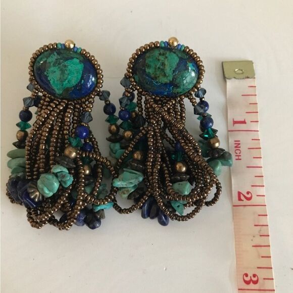 Vintage 80’s Turquoise & Blue Long Drop Clip On Earrings with Gold Tone Beads. - Picture 7 of 10